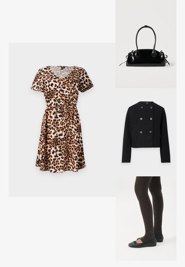 Must be a lovely must-have in any wardrobe. Black cropped topelt kaitsepints, kuue nupuga ja kahe esikotiga, ümmarguse kaelusega ja pikkade varrukatega.; Leopardi mustriga kleit lühikeste varrukatega, V-kaelusega, rõhutatud taljega ja sidumisdetailiga. Kangas näib olevat sile ning sellel on voolav seelikuosa.; Jalad seljas tumedad soonelises soonelises kombines mustade baleriinadega, millel on väikesed paelade detailid valgel taustal.; Väike must läikiv käekott kahe pika sangaga ja külgedel paelakinnitustega, ühel lihtsal helel taustal.