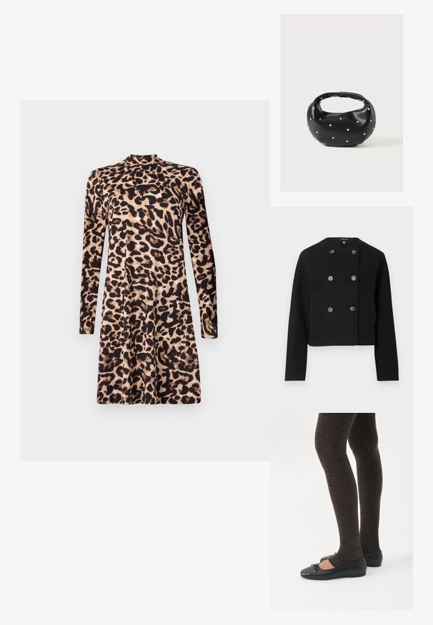 Must be a lovely must-have in any wardrobe. Black cropped topelt kaitsepints, kuue nupuga ja kahe esikotiga, ümmarguse kaelusega ja pikkade varrukatega.; Leopardi trükkidega pikkade varrukatega kleit, millel on kõrge kaelus ja laienev siluett. Kanga tekstuur on sile, kontrastsete tumedate ja heledate värvidega.; Jalad seljas tumedad soonelises soonelises kombines mustade baleriinadega, millel on väikesed paelade detailid valgel taustal.; Mustast nahast ümmarguse kujuga käekott, kaunistatud hõbedaste naeladega, lühikese sangaga. Sile tekstuur ja tõmblukuga sulgemine.
