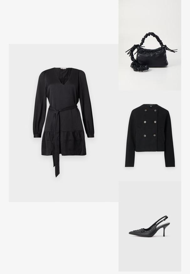 Must be a lovely must-have in any wardrobe. Black cropped topelt kaitsepints, kuue nupuga ja kahe esikotiga, ümmarguse kaelusega ja pikkade varrukatega.; Mustaga kleit V-kaelusega, pikkade varrukatega ja sidumisrihmaga. Hemmi allosas on lisatud tekstuuri jaoks kokku kogutud kiht. Sile kangast viimistlus.; Must musta sanga kaelaga stilettod, terav nina, külgse pandla rihm, nurgas nublud ja dekoratiivne nöörimine ees.; Must must sünteetilisest nahast käekott, millel on krokodillimuster, kokku tõmmatav ülaosa ja kortsus rihm. Tundub pehme ja kompaktne disain.