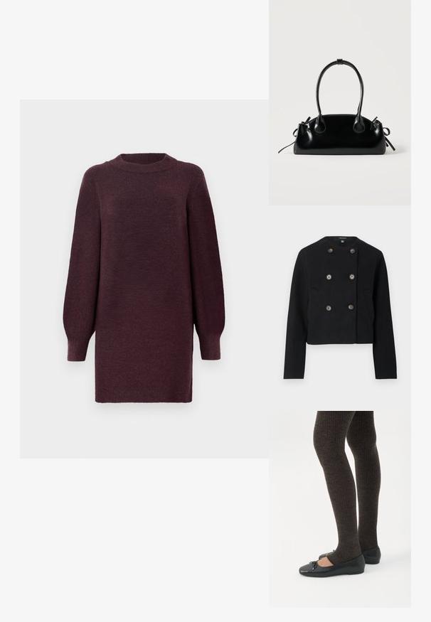 Veste noire raccourcie à double boutonnage avec six boutons et deux poches avant, dotée d'un col rond et de manches longues.; Robe-sweater bordeaux avec un col rond et de longues manches légèrement bouffantes. Fabriquée en tissu doux et texturé. Se termine au-dessus du genou.; Jambes portant des leggings côtelés foncés associés à des ballerines noires avec de petits détails en nœud sur fond blanc.; Petit sac à main noir brillant avec deux longues anses et des détails à cordon sur les côtés sur un fond clair uni.
