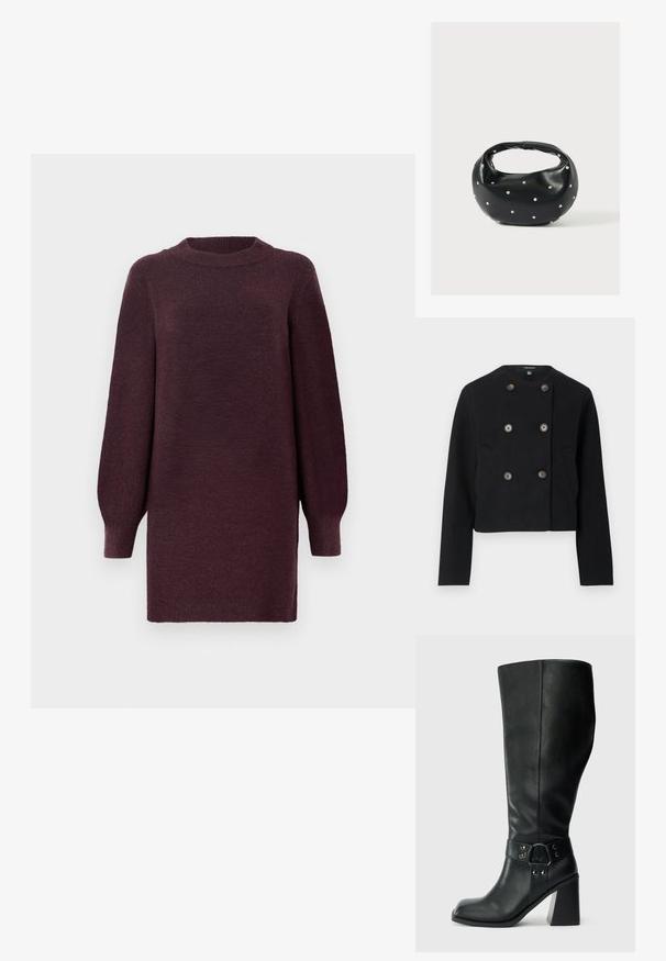 Veste noire raccourcie à double boutonnage avec six boutons et deux poches avant, dotée d'un col rond et de manches longues.; Robe-sweater bordeaux avec un col rond et de longues manches légèrement bouffantes. Fabriquée en tissu doux et texturé. Se termine au-dessus du genou.; Bottes en cuir noires arrivant au genou, avec un bout carré, un large talon et une sangle décorative avec des accents métalliques autour de la cheville. Texture lisse.; Sac à main en cuir noir de forme arrondie, décoré de clous argentés et équipé d'une poignée courte. Texture lisse et fermeture éclair.