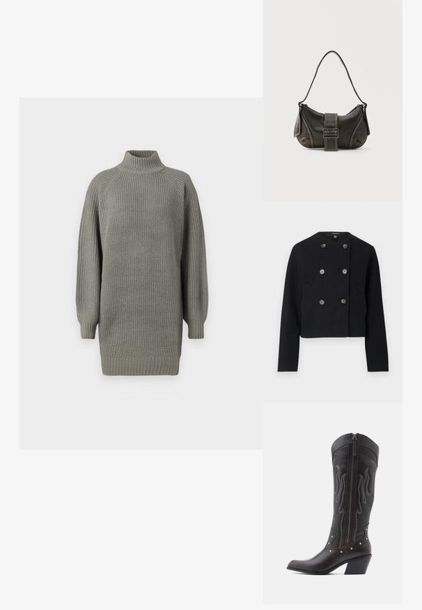 Schwarze, verkürzte, doppelt geknöpfte Jacke mit sechs Knöpfen und zwei Vorderaschen, mit einem runden Ausschnitt und langen Ärmeln.; Übergroßer grauer Strickpullover mit hohem Kragen, gerippten Bündchen und strukturierter Oberfläche. Verfügt über gesenkte Schultern und eine lockere Passform.; Braune Cowboy-Stiefel aus Leder mit Flammenstickerei, seitlichem Reißverschluss, silbernen Nieten, spitzer Zehenpartie und geschichtetem Absatz.; Schwarze Leder-Schultertasche mit Schnallengurt-Detail, abgerundeten Kanten und kontrastierenden weißen Nähten auf schlichtem Hintergrund.