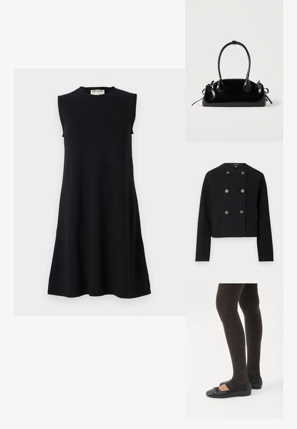 Must be a lovely must-have in any wardrobe. Black cropped topelt kaitsepints, kuue nupuga ja kahe esikotiga, ümmarguse kaelusega ja pikkade varrukatega.; Must kardiganita kleit, mis on valmistatud pehmest kangast, ümmarguse kaelusega ja A-lainelise lõikega, ilma lisamustereta või aktsentideta.; Jalad seljas tumedad soonelises soonelises kombines mustade baleriinadega, millel on väikesed paelade detailid valgel taustal.; Väike must läikiv käekott kahe pika sangaga ja külgedel paelakinnitustega, ühel lihtsal helel taustal.