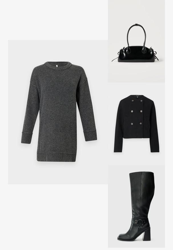 Veste noire raccourcie à double boutonnage avec six boutons et deux poches avant, dotée d'un col rond et de manches longues.; Pull en laine à manches longues gris foncé, avec des poignets et un ourlet côtelés, un col rond et une coupe décontractée.; Bottes en cuir noires arrivant au genou, avec un bout carré, un large talon et une sangle décorative avec des accents métalliques autour de la cheville. Texture lisse.; Petit sac à main noir brillant avec deux longues anses et des détails à cordon sur les côtés sur un fond clair uni.