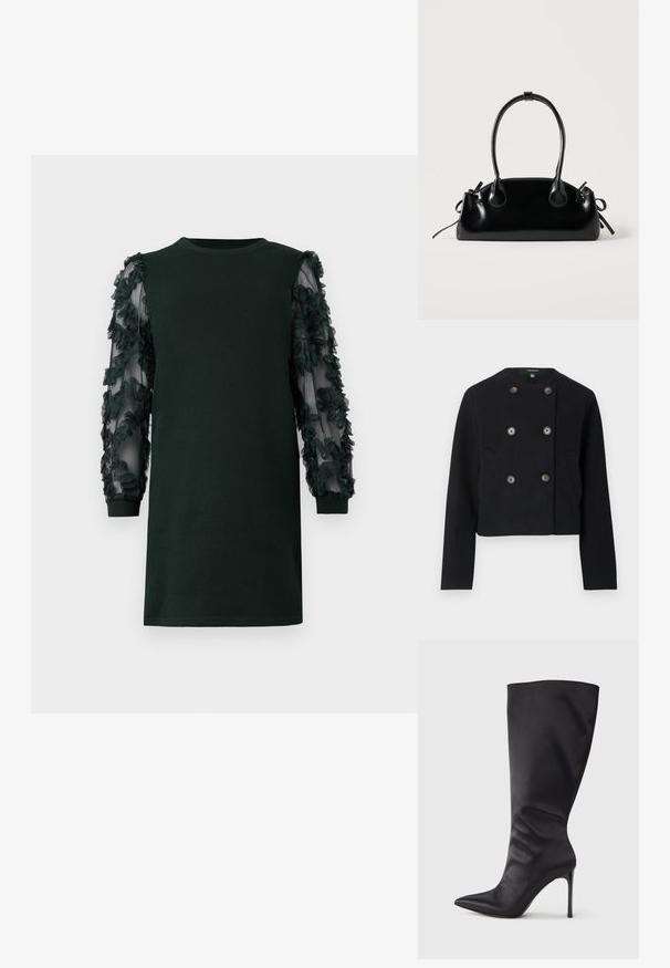Must be a lovely must-have in any wardrobe. Black cropped topelt kaitsepints, kuue nupuga ja kahe esikotiga, ümmarguse kaelusega ja pikkade varrukatega.; Tume roheline kleit, millel on ümmargune kaelus, läbipaistvate kangaste varrukad, mis on kaunistatud kihilise lilleaplikatsiooniga. Sile tekstuur ja lõdvestunud lõige.; Mustad põlvekõrgused terava ninaga kontsakingad, mis on valmistatud siledast ja läikivast materjalist; kitsas sobivus ning kerge voltimise efekt pahkluu ümber; sädelev konts.; Väike must läikiv käekott kahe pika sangaga ja külgedel paelakinnitustega, ühel lihtsal helel taustal.