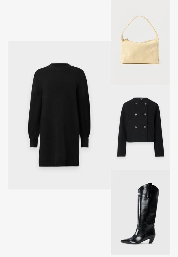 Veste noire raccourcie à double boutonnage avec six boutons et deux poches avant, dotée d'un col rond et de manches longues.; Robe en tricot noire avec un col rond, des manches bouffantes longues et des poignets côtelés. Silhouette simple et droite. Texture lisse.; Bottes en cuir noir montantes jusqu'au genou, avec une pointe effilée, un talon bas, et des détails de couture décoratifs sur les côtés. Fini lisse et brillant.; Petit sac à main en cuir beige avec une seule bandoulière et des clous argentés le long des bords et de la bandoulière, posé sur un fond uni.