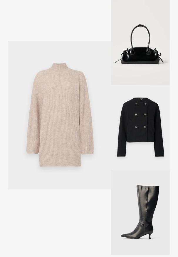 Veste noire raccourcie à double boutonnage avec six boutons et deux poches avant, dotée d'un col rond et de manches longues.; Pull col montant beige avec des épaules tombantes, fabriqué en maille côtelée. Coupe décontractée avec des manches longues et une texture lisse.; Botte en cuir noire montant jusqu'au genou, avec un bout pointu et un petit talon bas, présentée sur un fond clair uni.; Petit sac à main noir brillant avec deux longues anses et des détails à cordon sur les côtés sur un fond clair uni.