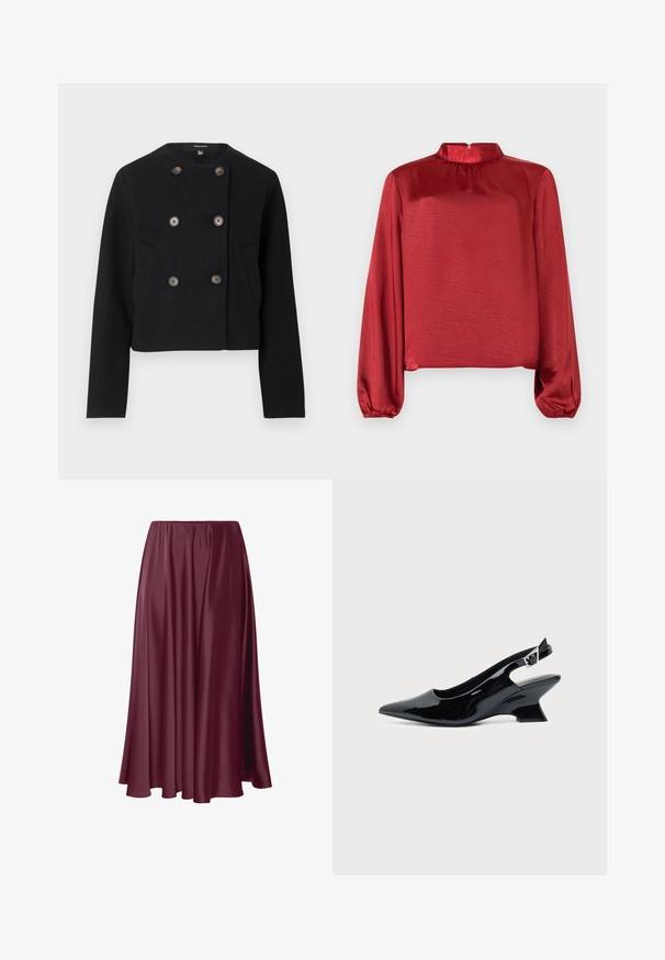 Veste noire raccourcie à double boutonnage avec six boutons et deux poches avant, dotée d'un col rond et de manches longues.; Blouse rouge en satin à manches longues avec un col montant et des détails froncés. Le tissu a une texture lisse et une finition légèrement brillante.; Jupe longue bourgogne en tissu lisse et brillant avec un design fluide et une taille élastique. Pas de motifs ni d'accents présents.; Chaussure slingback en cuir verni noir avec bout pointu et petit talon bloc incliné sur fond clair uni.