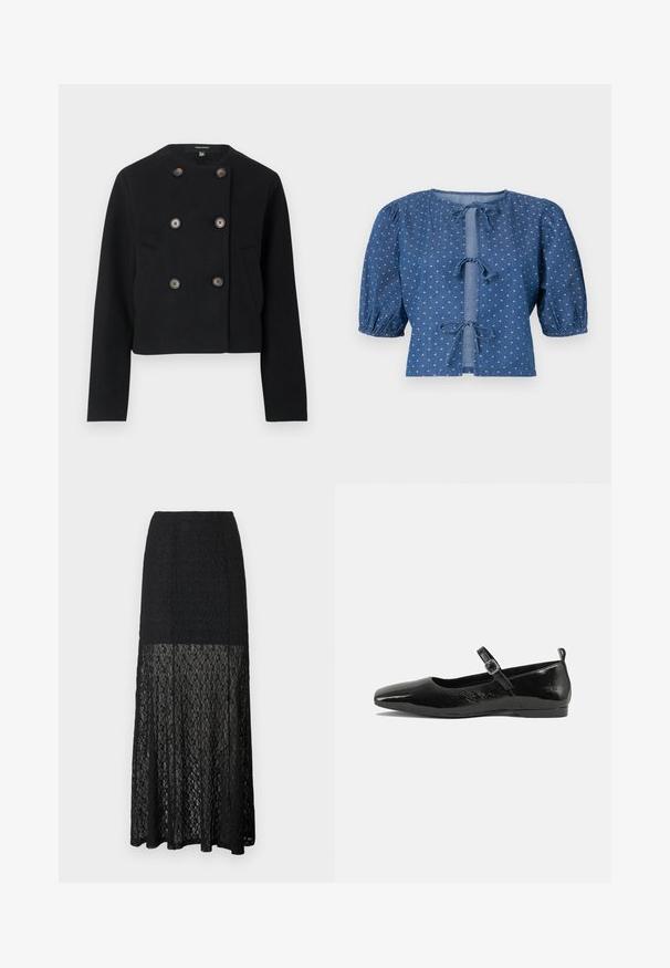 Veste noire raccourcie à double boutonnage avec six boutons et deux poches avant, dotée d'un col rond et de manches longues.; Blouse en denim bleu foncé avec des manches bouffantes, présentant des fermetures à nouer et un motif subtil de petits diamants blancs à travers.; Jupe longue en dentelle noire avec une partie supérieure opaque et une partie inférieure transparente, présentant un motif floral en dentelle et une silhouette droite.; Chaussure plate en cuir verni noir avec un bout pointu, une sangle de cheville avec boucles, et une texture lisse et brillante. Talon bas pour le confort.
