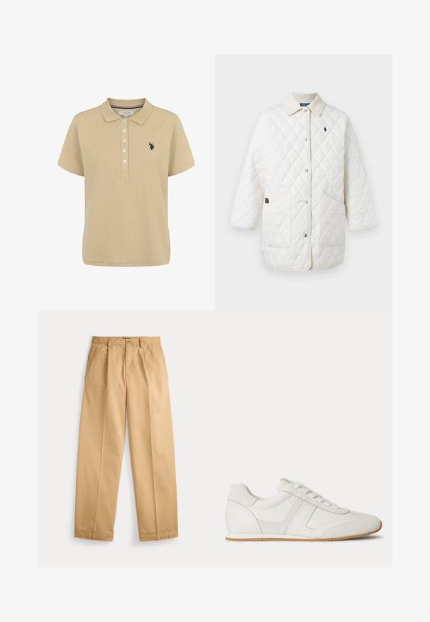 Veste matelassée blanche avec boutons-pression, deux poches avant et un petit logo brodé sur la poitrine gauche sous un col beige.; Polo beige à rayures, à manches courtes, avec un plastron à cinq boutons et un logo brodé en noir sur la poitrine gauche. Texture de tissu douce.; Pantalon beige à jambes droites avec fermeture par bouton et zip, poches avant, passants pour ceinture et plis marqués le long des jambes.; Baskets basses blanches avec laçage à l'avant, panneaux en daim et cuir, et une semelle en caoutchouc marron clair sur fond blanc.