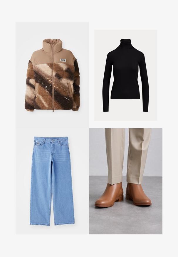 Brun og beige fleece puffer jakke med diagonal farveblokke, høj krave, frontlynlås, elastiske manchetter og EA7 Emporio Armani logo patch.; Sort, tætsiddende rullekravebluse med lange ærmer og ribstrikket tekstur, vist på en ensartet lys baggrund.; Lys blå brede ben jeans lavet af denim, med et klassisk fem-lomme design og en knaplukning. Glat tekstur, slidte kanter.; Brune læder ankelstøvler med en tekstureret overflade, rund tå og lav stakkt hæl, parret med lysebeige bukser.