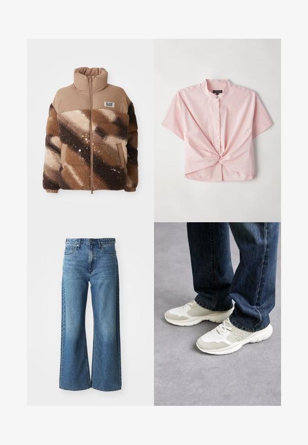 Veste puffer en polaire marron et beige avec des blocs de couleur diagonaux, col haut, fermeture éclair à l'avant, poignets élastiques et écusson logo EA7 Emporio Armani.; Chemise rose à manches courtes, présentant un col band collar et un détail de devant torsadé, fabriquée en un tissu doux en mélange de coton.; Jean en denim bleu à jambes larges avec une taille mi-haute, cinq poches et un léger dégradé. Caractéristiques : passants de ceinture et détails cousus.; Baskets en gris clair et beige doux en maille avec des accents en daim. Dotées d'un design à lacets et d'une épaisse semelle en caoutchouc blanc. Portées avec un jean bleu.