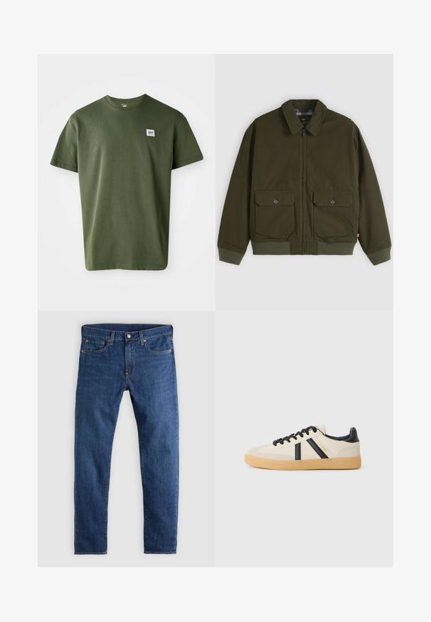 Chaqueta verde oscuro con cremallera, cuello, dos bolsillos delanteros con solapa y botón, y puños y bajo acanalados.; Camiseta de algodón verde oliva con cuello redondo, mangas cortas y un pequeño parche de logo en el lado izquierdo del pecho. Textura suave, corte relajado.; Vaqueros de mezclilla azul oscuro con diseño de pierna recta, cinco bolsillos, cierre de botones y detalles de costura naranja. Textura suave y un ajuste clásico.; Zapatillas casuales en crema con rayas negras, con parte superior texturizada y suela de goma. Los cordones son negros. Logo sutil en el costado.