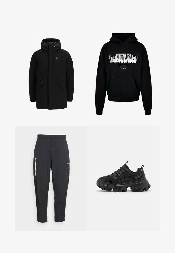 Zwarte geïsoleerde jas met een hoge kraag, een rits aan de voorkant, twee diagonale voorzakken en een klein logo op de linkerborst.; Zwarte hoodie van katoen, met een voorzak, ribgebreide manchetten en zoom, en een wit verstoord tekstgrafiek op de borst.; Zwarte cargobroek van lichtgewicht stof. Kenmerken zijn onder andere rits zijzakken en een gestructureerd accent op de dij. Tailored fit.; Zwarte sportschoen met een gestructureerde rubberen zool, gelaagde designelementen en versterkte accenten. Heeft veters en een trekklep bij de hiel.