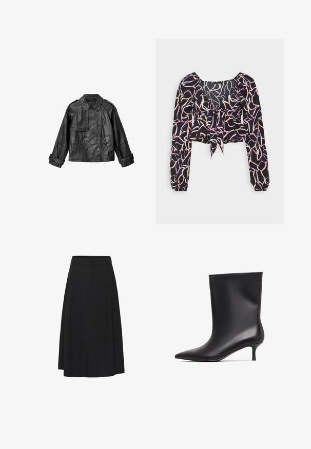 Sort læder dobbeltknappet jakke med bred krave, to forlommer, knappede stropper ved manchetterne og skulderepauletter.; Vero Moda VMNYA CATCH SHORT KNOT - Bluse - black; Sort A-linje midi nederdel med taljebånd, lukkes foran med knapper og diskrete paneldetaljer.; Sorte læder ankelstøvler med en glat finish, spids tå og en lav kitten hæl. Enkel design uden yderligere udsmykninger.