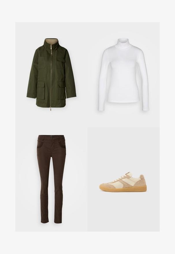Olivgrüne lange Jacke mit hohem Kragen, Frontreißverschluss und vier vorderen Klappentaschen, dargestellt vor weißem Hintergrund.; Weißes langärmeliges Rollkragenshirt aus einem glatten, dehnbaren Stoff. Hat eine enganliegende Passform und einen hohen Kragen. Keine sichtbaren Muster oder Akzente.; Braune, schlank geschnittene Stoffhosen aus Baumwollmischgewebe. Verfügt über eine dekorative Steppnaht an den Fronttaschen, einen Knopfverschluss und eine glatte Textur.; Beige und cremefarbener Sneaker mit niedrigem Schaft, Mesh- und Wildlederpaneelen, weißen Schnürsenkeln und einer Gummisohle in Karamellfarbe, seitlich auf einfachem Hintergrund gezeigt.