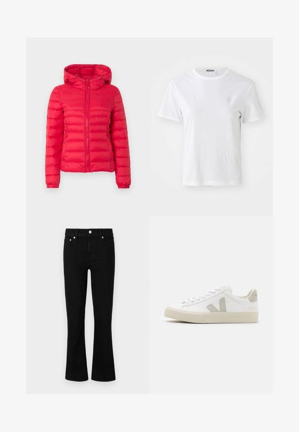 Chaqueta acolchada roja con capucha, presenta una textura acolchada y cremallera frontal. Puños y dobladillo elásticos que aportan soporte y comodidad. Diseño ligero y cálido.; Camiseta blanca de manga corta hecha de una tela suave. Cuenta con un escote redondo y un corte recto, con una etiqueta en el cuello interior.; Jeans de mezclilla negra acampanados con cintura ajustada, diseño de cinco bolsillos y detalles en metal plateado, con una textura suave y longitud estándar.; Zapatillas blancas de cuero con acentos en gris del logo V, suela de goma texturizada, cordones blancos y lengüeta y collar acolchados.