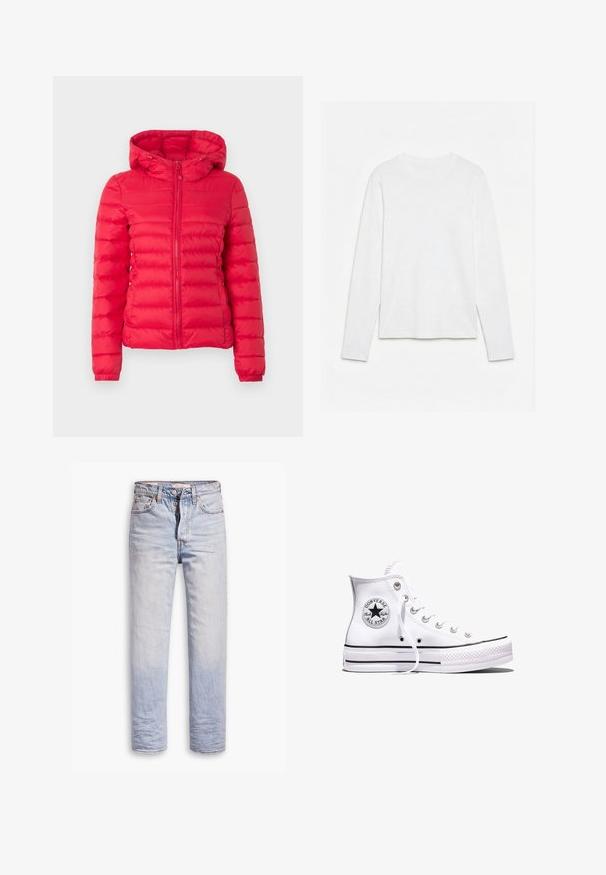 Chaqueta acolchada roja con capucha, presenta una textura acolchada y cremallera frontal. Puños y dobladillo elásticos que aportan soporte y comodidad. Diseño ligero y cálido.; Camiseta blanca lisa de manga larga con cuello redondo, extendida sobre una superficie blanca, mostrando el frente y la longitud completa de la manga.; Jeans de denim azul claro con un diseño de pierna recta, que cuentan con un cierre de botón, cinco bolsillos y un ligero desgastado a lo largo de las piernas.; Zapatilla Converse Chuck Taylor All Star blanca de caña alta con rayas negras y parche de logo en el lateral, mostrada sobre un fondo blanco liso.