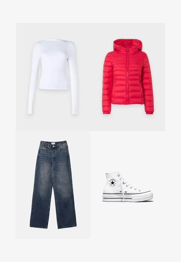 Chaqueta acolchada roja con capucha, presenta una textura acolchada y cremallera frontal. Puños y dobladillo elásticos que aportan soporte y comodidad. Diseño ligero y cálido.; Top blanco de manga larga con escote cuadrado y detalle recortado en la parte posterior. Fabricado en una tela suave y elástica. Diseño ajustado.; Vaqueros de hombre de tiro alto en denim azul, con pernera ancha, botón y cremallera frontales, y bolsillos delanteros y traseros.; Zapatilla blanca de caña alta Converse Chuck Taylor All Star con parche de logo negro y cordones blancos, presentada sobre fondo blanco.