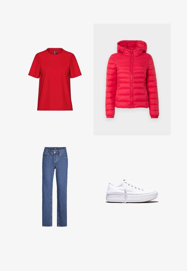 Chaqueta acolchada roja con capucha, presenta una textura acolchada y cremallera frontal. Puños y dobladillo elásticos que aportan soporte y comodidad. Diseño ligero y cálido.; Camiseta roja de algodón de manga corta con cuello redondo. Diseño sencillo, textura suave y ajuste holgado. Sin patrones ni detalles metálicos.; Jeans de mezclilla azul con un diseño de pierna recta, cinco bolsillos y un cierre frontal de botones. Presenta costuras en contraste y una textura suave.; Zapatilla blanca de lona de perfil bajo con suela gruesa de plataforma, cierre de cordones en el frente y puntera de goma texturizada, mostrada de perfil.