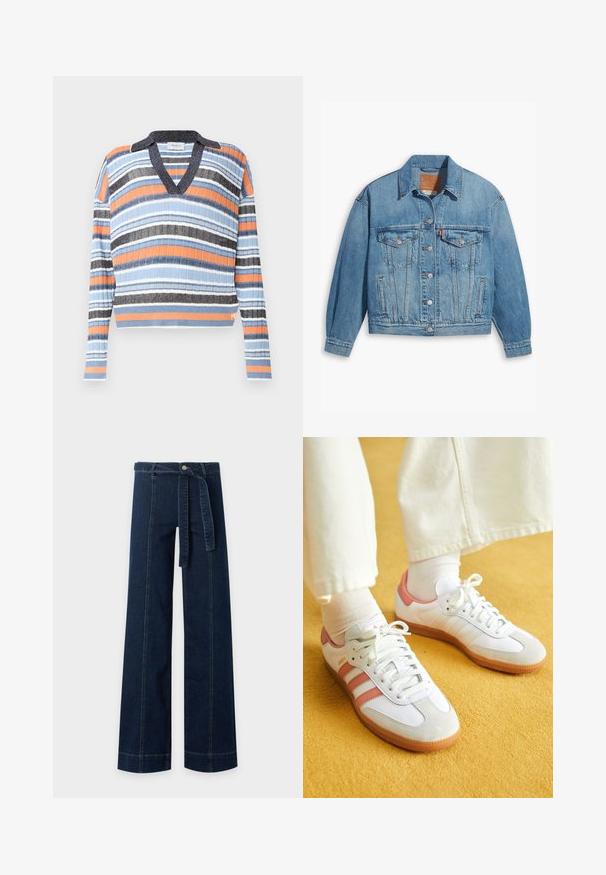 Hele sinine teksajakk klassikalise disainiga, eesnuppudega ja kahe rindkoti taskuga. Omab teravat kraed ja veidi ülekaalulisi varrukaid.; Triibuline käisteta kampsun, millel on V-kaelus ja krae. Värvideks on sinine, oranž, must ja valge. Tekstuuriga ribakangas. Lühendatud disain.; Tumedasinised laialõikelised teksapüksid, millel on esiosas õmblusdetailid ja vöökohal seotud sobiv kangasvöö.; Valged sportlikud jalanõud roosa aktsendiga, suede ja naha materjalidest, ümmargune varvas ja kummitald, näidatud heledate sokkide kõrval kollasel taustal.