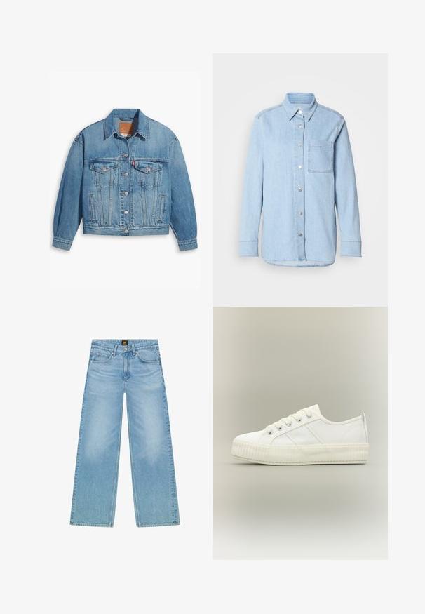 Hellblaues Denim-Jackett mit klassischem Design, Knopfleiste und zwei Brusttaschen. Verfügt über einen spitzen Kragen und leicht übergroße Ärmel.; Himmelblaues Denim-Hemd mit Knopfverschluss, spitzem Kragen, einer Brusttasche und langen Ärmeln mit knöpfbaren Manschetten.; Helles Blau, weite Jeans aus Denim. Verfügt über ein klassisches Fünf-Taschen-Design und eine subtile verblasste Textur. Knopf- und Reißverschluss.; Weißer Sneaker mit niedrigem Schaft, dicker gerippter Sohle, Schnürung vorne und Zuglasche an der Ferse vor neutralem Hintergrund.