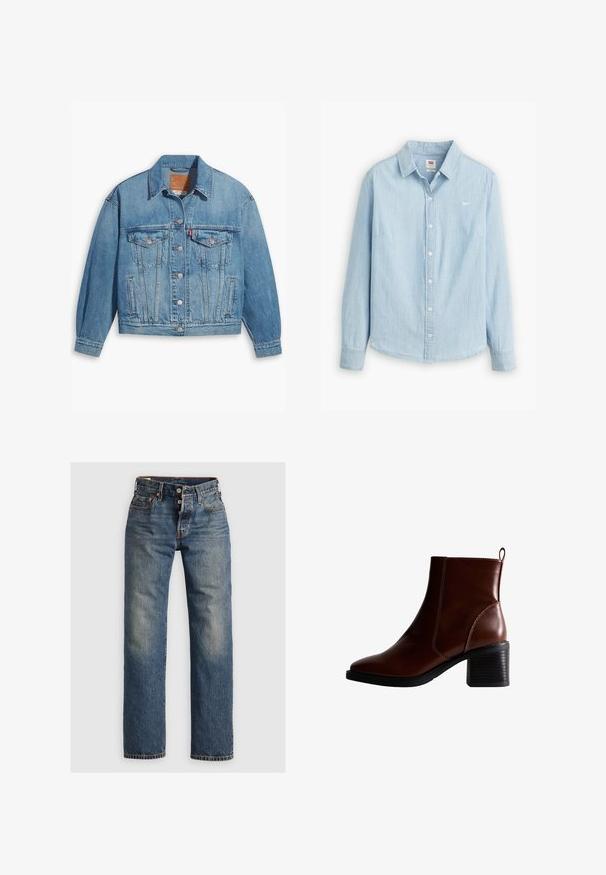 Hellblaues Denim-Jackett mit klassischem Design, Knopfleiste und zwei Brusttaschen. Verfügt über einen spitzen Kragen und leicht übergroße Ärmel.; Helles blaues, knöpfbares Hemd aus weichem Denim-Stoff. Mit klassischem Kragen und langen Ärmeln, versehen mit einem kleinen Logo auf der Brust.; Blaue Denim-Jeans mit geradem Bein, ausgestattet mit sichtbaren Nähten, einem Reißverschluss und fünf Taschen. Ausgewaschene Stellen sorgen für Textur.; Braune Leder-Ankle-Boots mit quadratförmiger Spitze und seitlicher Naht, einem 7,5 cm hohen Blockabsatz und einem Ziehhilfen an der Rückseite für einfaches An- und Ausziehen.