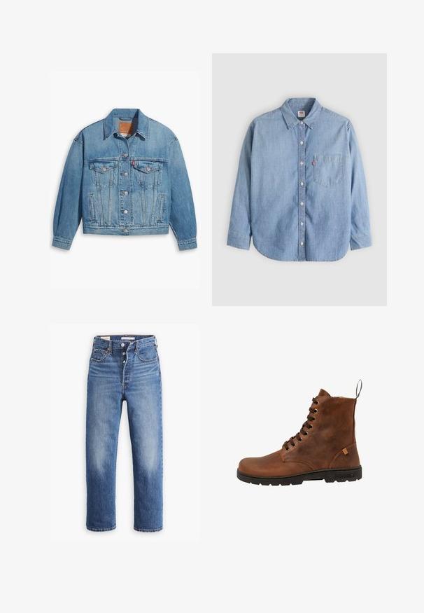 Lichtblauwe denimjas met een klassiek ontwerp, knoopsluiting aan de voorkant en twee borstzakken. Beschikt over een puntige kraag en licht oversized mouwen.; Lichtblauw denimoverhemd met een button-down kraag, borstzakje en lange mouwen. Heeft een afgeronde zoom en een subtiele textuur.; Blauwe denim jeans met een hoge taille, rechte pijpen en vervaagde delen. Voorzien van voorzakken en metalen details.; Bruine leren enkellaarzen met een vetersluiting, ronde neus, rubberen zool en een lusje aan de achterkant; beschikken over bruine oogjes en stiksels.