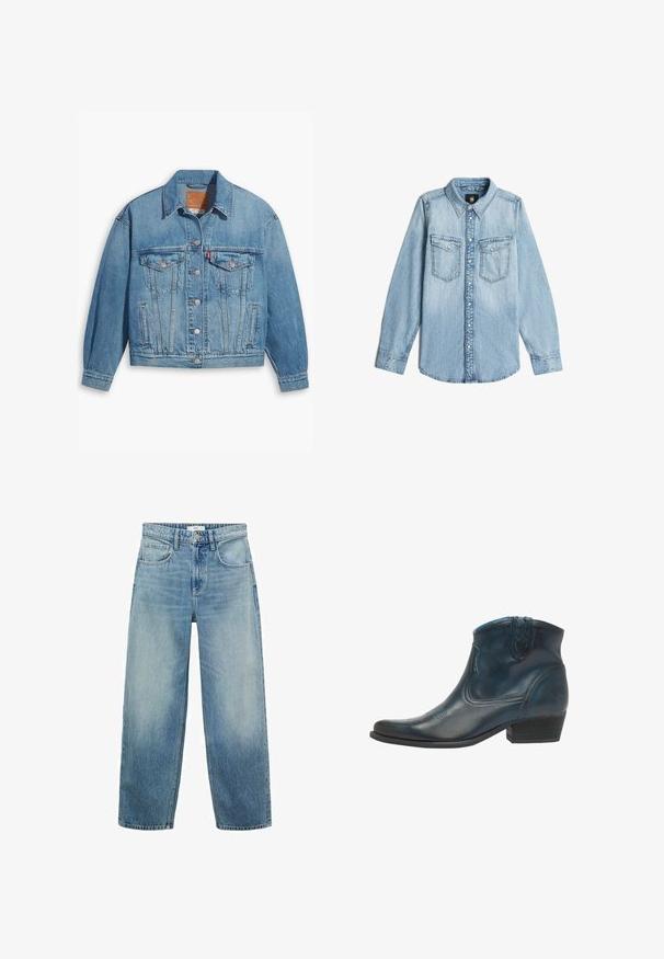 Lichtblauwe denimjas met een klassiek ontwerp, knoopsluiting aan de voorkant en twee borstzakken. Beschikt over een puntige kraag en licht oversized mouwen.; Lichtblauwe denim overhemd met lange mouwen, kraag, knoopsluiting aan de voorkant en twee borstzakken met knoopflappen.; Lichtblauwe denim wijde jeans met een hoge taille, vijf zakken en een knoopsluiting. Verbleekte patroon naar de onderkant.; Cowboyenklaar met een donkerblauwe leren uitvoerig, met een puntige neus, gebogen accenten en een lage gestapelde hak met subtiele stiksels.