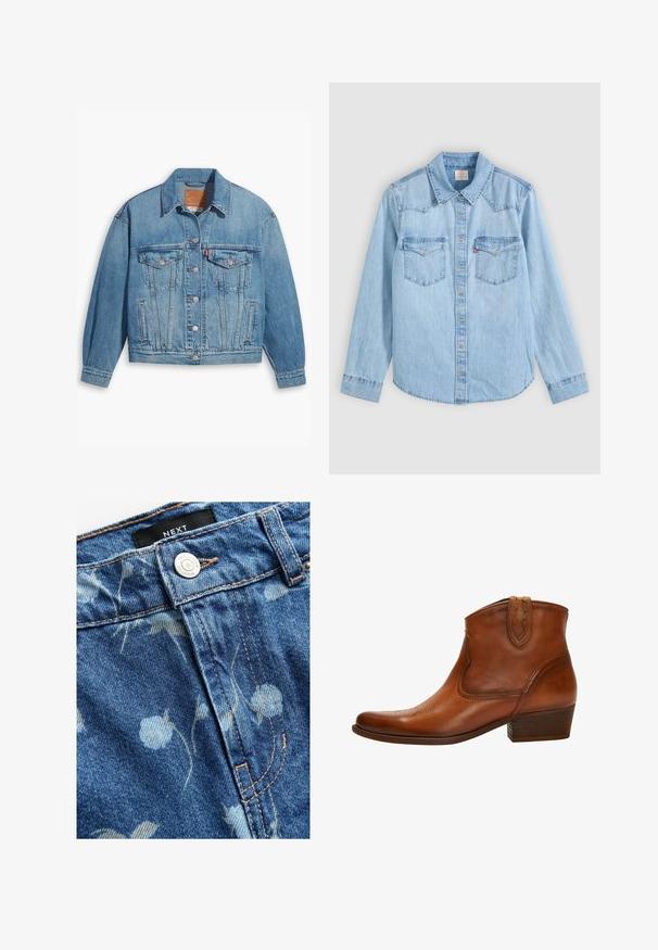 Lichtblauwe denimjas met een klassiek ontwerp, knoopsluiting aan de voorkant en twee borstzakken. Beschikt over een puntige kraag en licht oversized mouwen.; Lichtblauw denim overhemd met lange mouwen, knoopsluiting, twee borstzakken met kleppen en een klassieke puntige kraag op een grijze achtergrond.; Denimstof in lichtblauw, met een bloemenprint. Inclusief een zilveren knoopsluiting en tan kleurige stiksels langs de naden. Merkaanduiding zichtbaar.; Bruine leren enkellaarsjes met een spitse neus, decoratieve stiksels en een lage gestapelde hak; hebben een schacht van gemiddelde hoogte en trekhaakjes.