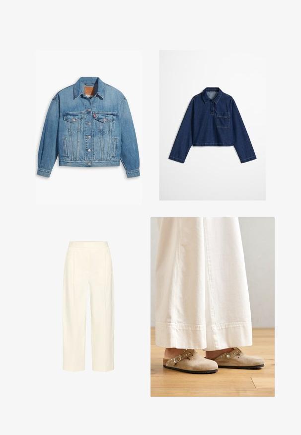 Veste en denim bleu clair au design classique, fermeture à boutons à l'avant et deux poches poitrine. Dotée d'un col pointu et de manches légèrement oversize.; Chemise en denim recadrée de teinte bleu foncé, col boutonné, poche avant et manches longues avec des détails cousus le long des coutures.; Pantalon crème taille haute, ajusté, aux jambes droites avec un pli subtil à l'avant.; Clogs en suède beige avec une sangle à boucle et des accents cloutés, portés avec un pantalon large blanc, posés sur un sol en bois.
