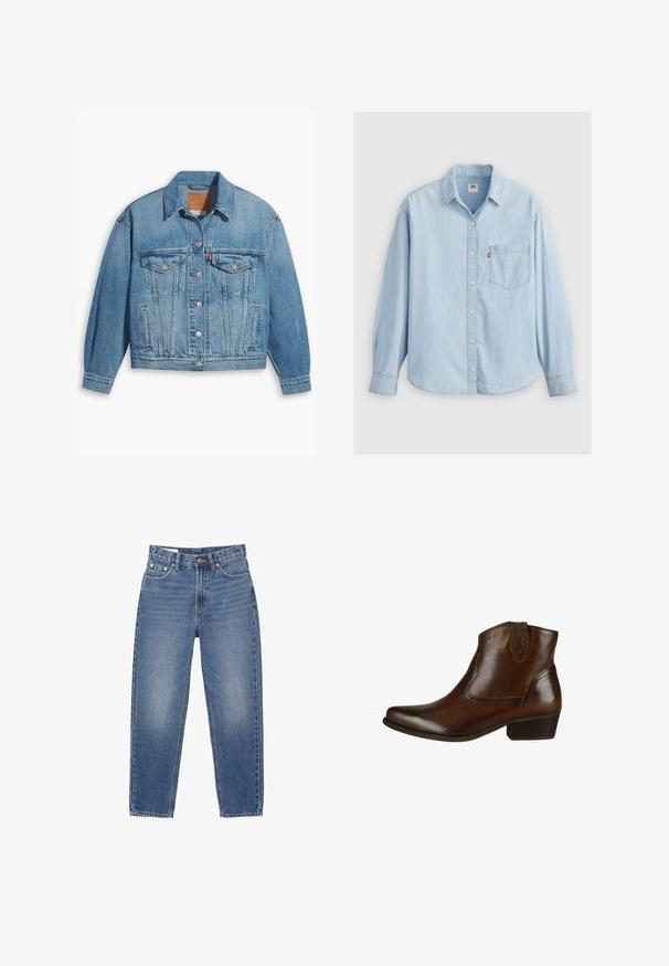 Lichtblauwe denimjas met een klassiek ontwerp, knoopsluiting aan de voorkant en twee borstzakken. Beschikt over een puntige kraag en licht oversized mouwen.; Lichtblauwe spijkerblouse met een puntkraag, lange mouwen, knoopsluiting en een borstzak met een klein logo-label.; Lichtblauwe denim jeans met een hoge taille, rechte pijpen, vijf zakken en oranje stikseldetails. Verweerde afwerking aan de voorkant.; Bruine leren enkellaarsjes met een spits toelopende neus, lage gestapelde hak en decoratief stiksel aan de zijkant. Gladde textuur en eenvoudig ontwerp.