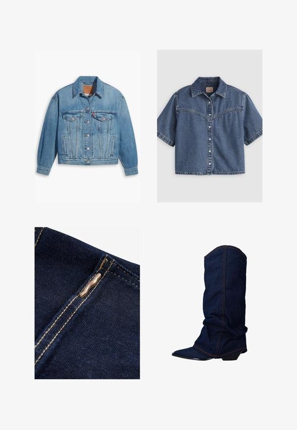 Lichtblauwe denimjas met een klassiek ontwerp, knoopsluiting aan de voorkant en twee borstzakken. Beschikt over een puntige kraag en licht oversized mouwen.; Kortemouws blauw denim overhemd met knopen, een puntige kraag en een Western-stijl inzetstuk met stikseldetail.; Next REGULAR FIT - WIDE LEG - Flared Jeans - rinse blue; sacha Laarzen - blue