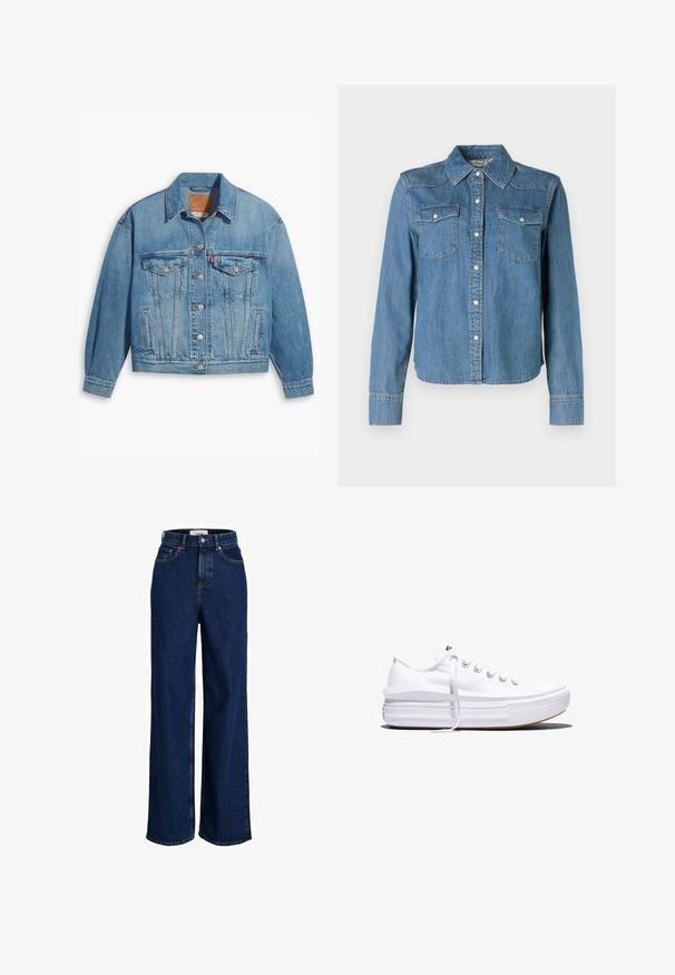 Hellblaues Denim-Jackett mit klassischem Design, Knopfleiste und zwei Brusttaschen. Verfügt über einen spitzen Kragen und leicht übergroße Ärmel.; Die Denim-Hemd zeichnet sich durch einen hellblauen Farbton, einen klassischen Kragen und zwei Brusttaschen aus. Es hat Druckknöpfe und lange Ärmel mit Knopfmanschetten.; Dunkelblaue, hoch taillierte Jeans mit weitem Bein, vorderen Taschen, Gürtelschlaufen, Knopfverschluss und sichtbaren Nahtdetails.; Weißer Canvas-Sneaker mit niedrigem Schnitt, dicker Plateau-Sohle, vorderer Schnürung und rauer Gummikappe an der Spitze, aus seitlicher Ansicht gezeigt.