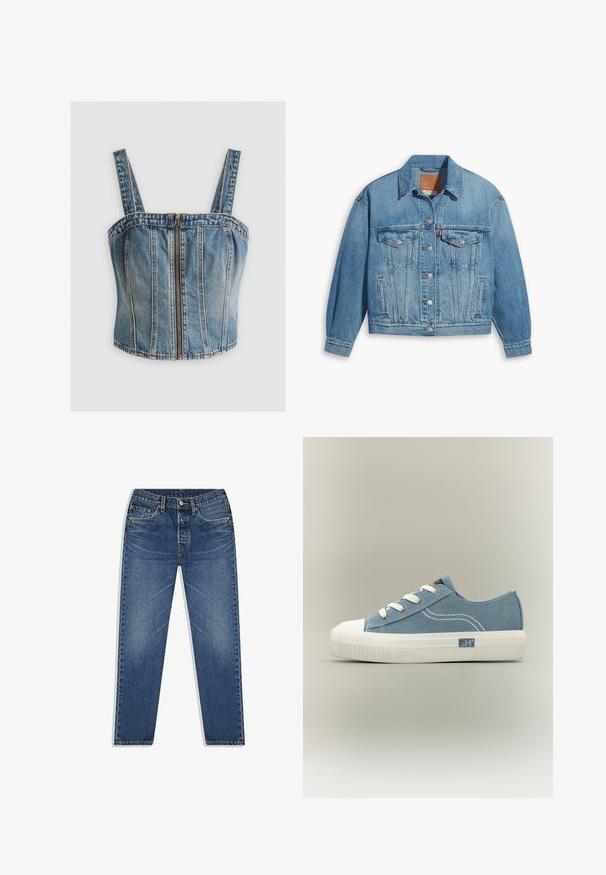 Chaqueta de denim azul claro con un diseño clásico, cierre de botones en el frente y dos bolsillos en el pecho. Presenta un cuello puntiagudo y mangas ligeramente oversize.; Top de mezclilla corto con tirantes anchos, que cuenta con un zipper frontal. Color azul claro con costuras verticales y un diseño ajustado.; Vaqueros de denim azul con diseño de pierna recta, que cuentan con un cierre de botón y cremallera, cinco bolsillos y un ligero desgastado en el lavado.; Zapatilla azul de tela baja con suela de goma blanca, cordones blancos, detalle de costuras y logotipo "Lee" en el lateral de la suela.