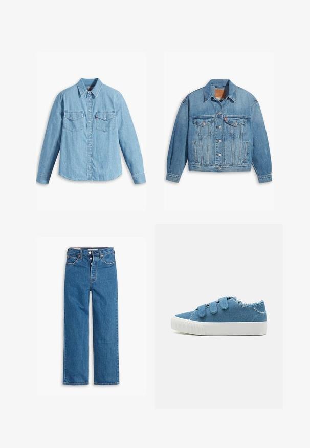 Lichtblauwe denimjas met een klassiek ontwerp, knoopsluiting aan de voorkant en twee borstzakken. Beschikt over een puntige kraag en licht oversized mouwen.; Lichtblauwe spijker blouse met lange mouwen, puntige kraag, twee borstzakken, knoopsluiting en subtiele textuur. Geen zichtbare patronen.; Blauwe denim jeans met rechte pijpen en hoge taille, vijf zakken en een knoopsluiting. Merkbare stiksels en koperen klinknagels.; Blauwe denim sneakers met drie klittenbandsluitingen, versleten randen en een witte rubberen zool. Gladde textuur, casual ontwerp, lage profielvorm.