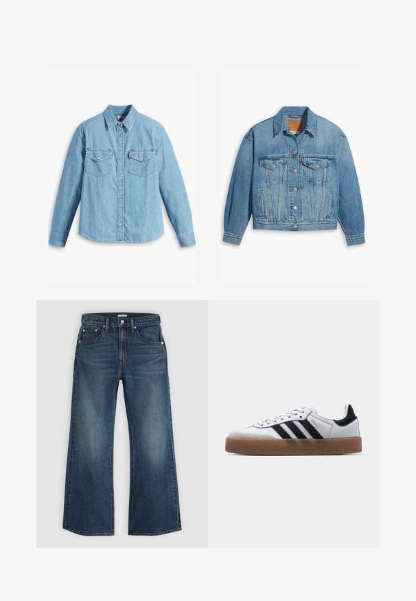 Hellblaues Denim-Jackett mit klassischem Design, Knopfleiste und zwei Brusttaschen. Verfügt über einen spitzen Kragen und leicht übergroße Ärmel.; Helles blaues Denimhemd mit langen Ärmeln, spitzem Kragen, zwei Brusttaschen, Knopfleiste und subtiler Struktur. Keine sichtbaren Muster.; Blaue Denim-Jeans mit hoher Taille, weiten geraden Beinen, Vordertaschen und Knopfverschluss, gezeigt vor einem schlichten hellen Hintergrund.; Weiße Leder Sneakers mit schwarzen Streifen, Gummigummi-Außensohle, runder Zehenform, Schnürverschluss und weichem grauem Wildleder-Zehenkappe.