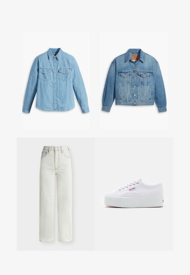 Lichtblauwe denimjas met een klassiek ontwerp, knoopsluiting aan de voorkant en twee borstzakken. Beschikt over een puntige kraag en licht oversized mouwen.; Lichtblauwe spijker blouse met lange mouwen, puntige kraag, twee borstzakken, knoopsluiting en subtiele textuur. Geen zichtbare patronen.; Lichtblauwe denim jeans met hoge taille, rechte pijpen, vooraan sluiting met knopen en rits, en een ontwerp met vijf zakken.; Witte canvas sneaker met een dikke witte platformzool, ronde neus en metalen oogjes voor veters. Merkl logo aan de zijkant weergegeven.