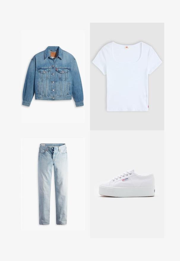 Veste en denim bleu clair au design classique, fermeture à boutons à l'avant et deux poches poitrine. Dotée d'un col pointu et de manches légèrement oversize.; Haut blanc à manches courtes avec un décolleté carré, fabriqué en tissu à texture côtelée. Présente une petite étiquette logo rouge en bas à gauche.; Jean en denim bleu clair avec une coupe droite, cinq poches et des fermetures à boutons métalliques sur une ceinture standard.; Baskets en toile blanches avec une épaisse semelle plateforme blanche, bout rond et œillets en métal pour les lacets. Logo de la marque affiché sur le côté.