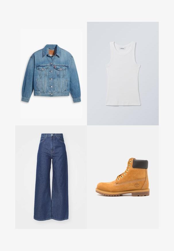 Lichtblauwe denimjas met een klassiek ontwerp, knoopsluiting aan de voorkant en twee borstzakken. Beschikt over een puntige kraag en licht oversized mouwen.; Wit katoenen tanktop met een ronde halslijn en brede schouderbanden. Heeft een geribbelde textuur en een rechte zoom. Label zichtbaar aan de halslijn.; Wijd-uitlopende jeans van donkerblauwe denim. Hoge taille met een ritssluiting en knoopsluiting. Bevat klassieke vijf-pocket styling en gezoomde randen.; Bruine leren enkelboot met zwarte voering, gouden oogjes en een gestructureerde zool. Kenmerkt zich door een cirkelvormig logo aan de zijkant en stikselaccenten.