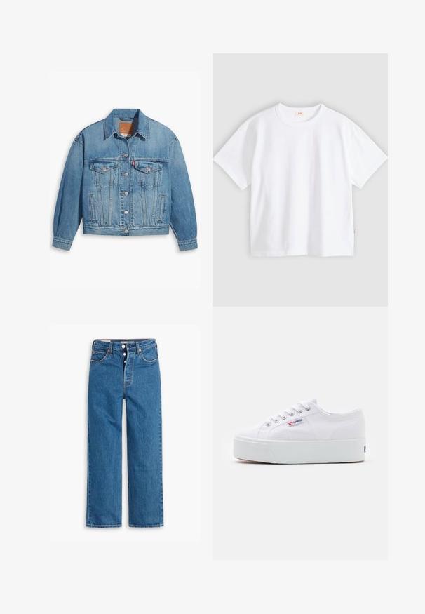 Chaqueta de denim azul claro con un diseño clásico, cierre de botones en el frente y dos bolsillos en el pecho. Presenta un cuello puntiagudo y mangas ligeramente oversize.; Camiseta blanca de algodón con mangas cortas, cuello redondo, ajuste holgado, textura suave y una pequeña etiqueta con logotipo en la costura del lado izquierdo.; Vaqueros de mezclilla azul de pierna recta con una cintura alta, diseño de cinco bolsillos y cierre de botones. Costuras visibles y remaches de tono cobrizo.; Zapatilla de lona blanca con una gruesa suela de plataforma blanca, punta redonda y ojales de metal para los cordones. Logotipo de la marca mostrado en el lateral.