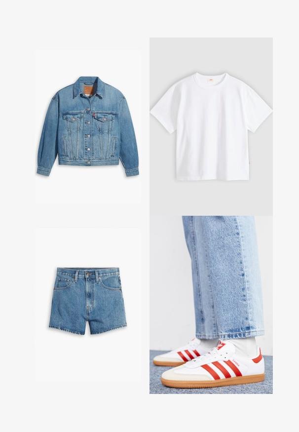 Hellblaues Denim-Jackett mit klassischem Design, Knopfleiste und zwei Brusttaschen. Verfügt über einen spitzen Kragen und leicht übergroße Ärmel.; Weißes Baumwoll-T-Shirt mit kurzen Ärmeln, rundem Ausschnitt, lockerer Passform, glatter Textur und einem kleinen Logetikett an der linken Seitennaht.; Hellblaue Denim-Shorts mit fünf Taschen, einem Reißverschluss und einem Knopfverschluss. Der Saum ist fransig und das Design bietet eine lässige Passform.; Weiße Leder Sneaker mit roten Streifen und Akzenten. Verfügt über eine strukturierte Gummi-Laufsohle und einen gepolsterten Schaft. Tragen mit hellblauer Jeans.