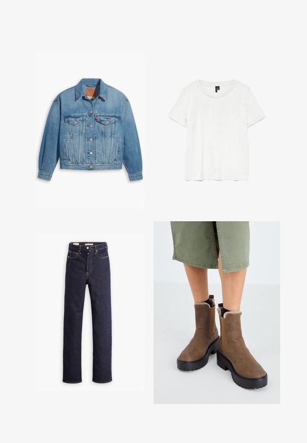 Hellblaues Denim-Jackett mit klassischem Design, Knopfleiste und zwei Brusttaschen. Verfügt über einen spitzen Kragen und leicht übergroße Ärmel.; Weißes T-Shirt mit kurzen Ärmeln und rundem Ausschnitt, hergestellt aus leichtem Stoff. Schlichtes Design, glatte Textur und gerader Saum.; Dunkelblaue gerade geschnittene Denim-Jeans mit fünf Taschen und sichtbaren orangefarbenen Nähten auf einem weißen Hintergrund.; Braune Lederstiefeletten mit Gummisohle, flauschigem Futter und elastischen Seiteneinsätzen. Mit einem niedrigen Blockabsatz und einer glatten Textur.