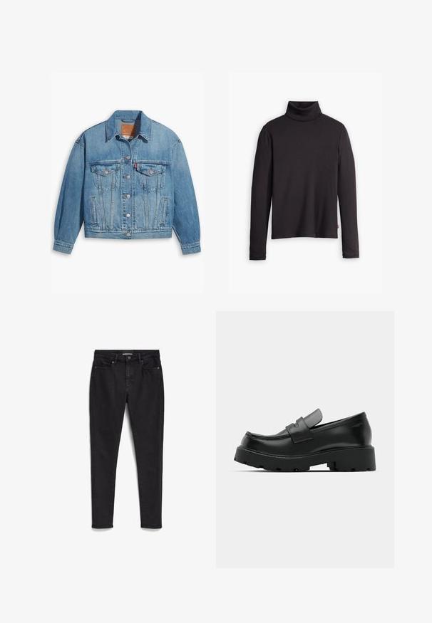Lichtblauwe denimjas met een klassiek ontwerp, knoopsluiting aan de voorkant en twee borstzakken. Beschikt over een puntige kraag en licht oversized mouwen.; Zwarte geribde turtleneck trui met lange mouwen en een fitted ontwerp. Zachte textuur, subtiele stretch en een label aan de onderzijde.; Zwarte skinny jeans gemaakt van denim; vijf-pocket ontwerp met een rits en knoopsluiting. Heeft een subtiele textuur en een schone, minimalistische stitching.; Zwarte leren instappers met een chunky, gestructureerde zool, voorzien van een band over de voet en een gladde, gepolijste afwerking.
