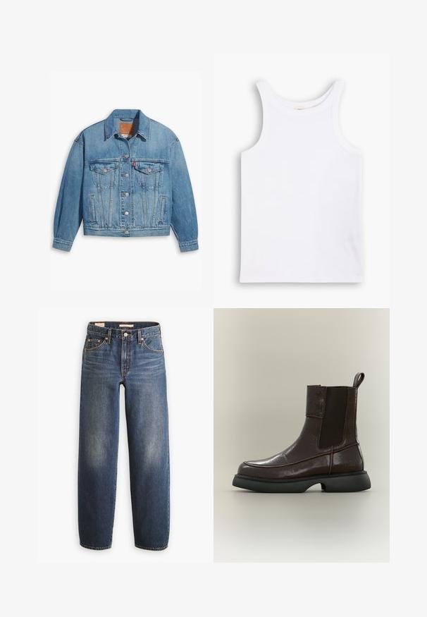 Lichtblauwe denimjas met een klassiek ontwerp, knoopsluiting aan de voorkant en twee borstzakken. Beschikt over een puntige kraag en licht oversized mouwen.; Witte katoenen tanktop met brede schouderbanden, een ronde halslijn en een gladde, geribbelde textuur. Geen patronen of accenten aanwezig.; Donkerblauwe spijkerbroeken met een rechte pijp, voorzien van vijf zakken, koperen klinknagels en subtiele vervaging op de dijen.; Donkerbruine leren enkellaars met zwart elastisch zijpaneel en stevige zwarte zool op neutrale achtergrond.