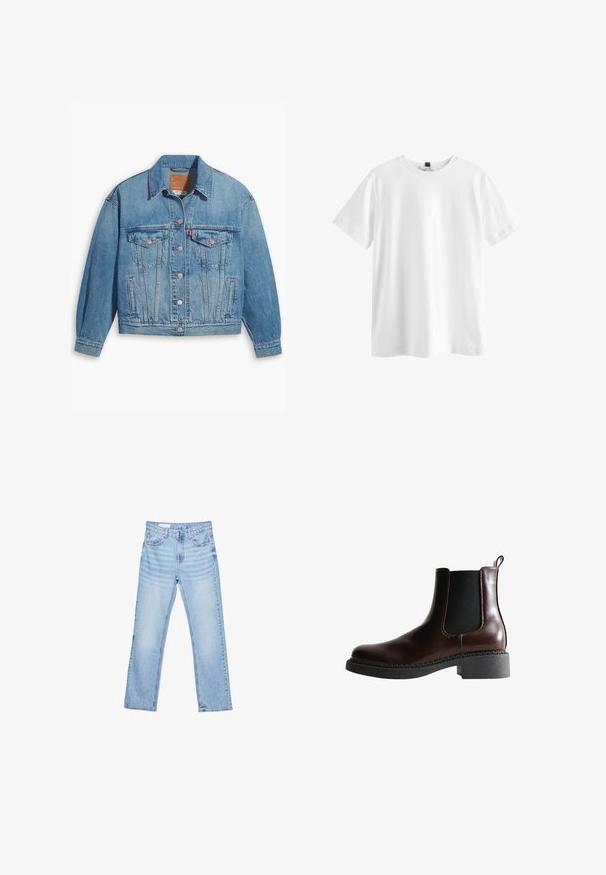 Lichtblauwe denimjas met een klassiek ontwerp, knoopsluiting aan de voorkant en twee borstzakken. Beschikt over een puntige kraag en licht oversized mouwen.; Effen wit T-shirt met korte mouwen en ronde hals met een zwart label aan de binnenkant van de kraag, plat weergegeven op een witte achtergrond.; Lichtblauwe denim jeans met een rechte snit, vijf-pocket ontwerp en zichtbare stiksels. Middenhoge taille met een klassieke knoop- en ritssluiting.; Bruine leren enkelboot met elastische zijpanelen, ronde neus en een gestructureerde zwarte rubberen zool. Heeft contrasterende stiksels en een lusje aan de achterkant.
