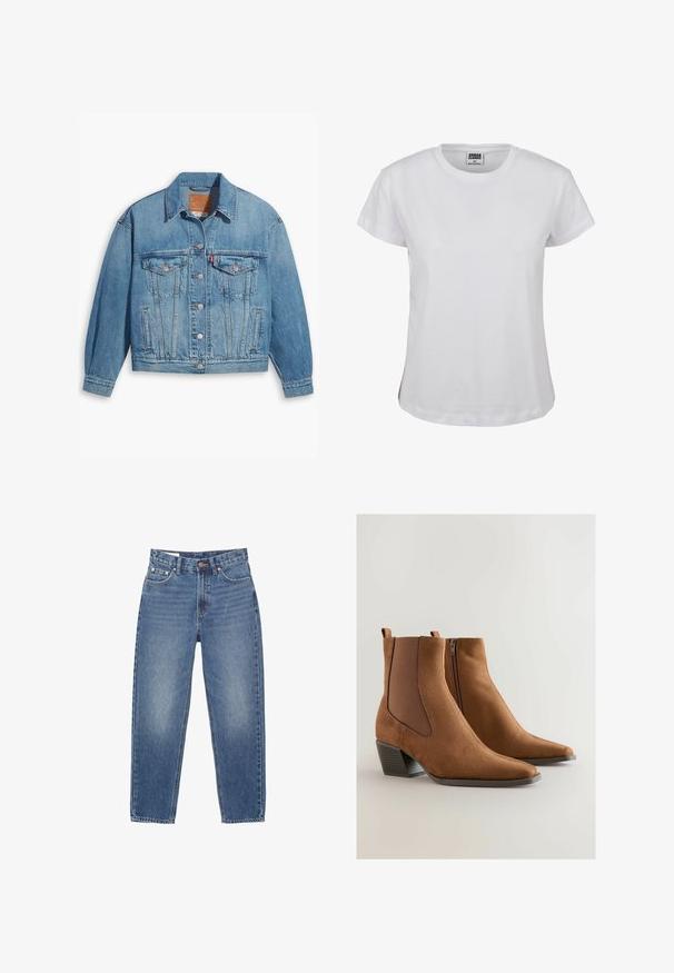 Hellblaues Denim-Jackett mit klassischem Design, Knopfleiste und zwei Brusttaschen. Verfügt über einen spitzen Kragen und leicht übergroße Ärmel.; Weißes Baumwoll-T-Shirt mit klassischem Rundhalsausschnitt, kurzen Ärmeln und geradem Saum. Mit einem Etikett, auf dem "URBAN CLASSICS" in Schwarz steht.; Helles blauer Denim-Jeans mit hoher Taille, geradem Bein, fünf Taschen und orangefarbenen Nähten. Angeschnittener Finish auf der Vorderseite.; Braune Wildleder-Ankle Boots mit spitz zulaufender Zehenpartie, elastischen Seiteneinsätzen und einem niedrigen Blockabsatz. Verfügt über einen Reißverschluss an einer Seite.