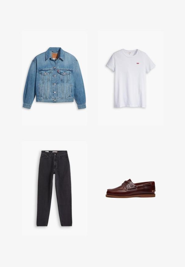 Hellblaues Denim-Jackett mit klassischem Design, Knopfleiste und zwei Brusttaschen. Verfügt über einen spitzen Kragen und leicht übergroße Ärmel.; Weißes Baumwoll-T-Shirt mit kurzen Ärmeln und rundem Ausschnitt. Besitzt ein kleines rotes Levi's-Logo auf der linken Brustseite.; Schwarze Denim-Jeans mit geradem Bein, ausgestattet mit fünf Taschen, vorderer Knopfleiste und genähten Details entlang der Nähte.; Brauner Leder-Bootsschuh mit Schnürsenkeln, Nahtdetails und Timberland-Logo an der Seite, auf weißem Hintergrund gezeigt.