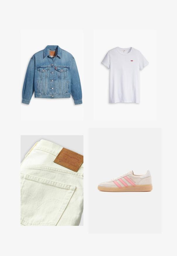 Lichtblauwe denimjas met een klassiek ontwerp, knoopsluiting aan de voorkant en twee borstzakken. Beschikt over een puntige kraag en licht oversized mouwen.; Witte katoenen t-shirt met korte mouwen en een ronde hals. Bevat een klein rood Levi's-logo op de linkerborst.; Levi's 501-jeans in crèmekleur met een tan leren patch, voorzien van gebogen stiksels op de achterzak en een klassiek denimontwerp.; Beige suède sneaker met roze drie strepen aan de zijkant. Voorzien van een gestructureerde rubberen zool en een witte hielaccent. Minimalistisch ontwerp.
