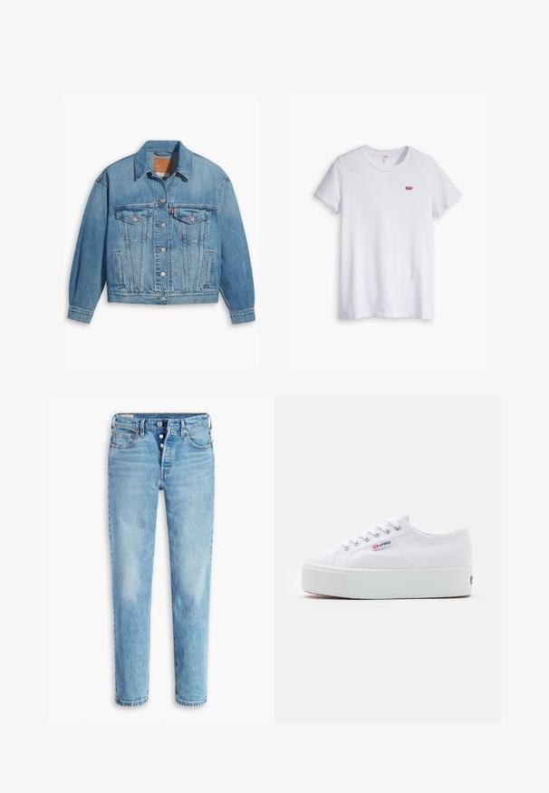 Chaqueta de denim azul claro con un diseño clásico, cierre de botones en el frente y dos bolsillos en el pecho. Presenta un cuello puntiagudo y mangas ligeramente oversize.; Camiseta de algodón blanca de manga corta y escote redondo. Presenta un pequeño logo rojo de Levi's en la zona del pecho izquierdo.; Jeans de denim azul claro con un diseño de pierna recta, estilo de cinco bolsillos y cierre de botón. Presentan áreas deslavadas y efecto de arrugas para dar textura.; Zapatilla de lona blanca con una gruesa suela de plataforma blanca, punta redonda y ojales de metal para los cordones. Logotipo de la marca mostrado en el lateral.